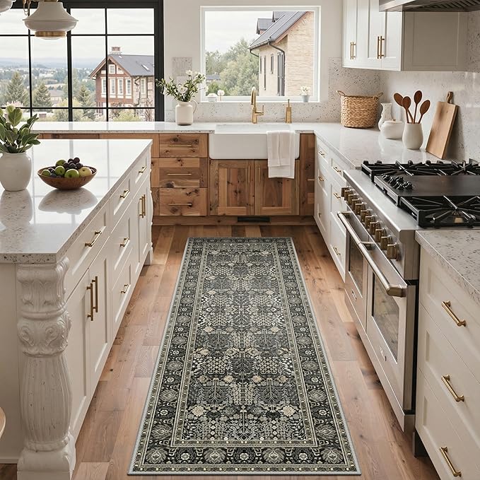 2x7 Kitchen Runner Rug, Washable Non Slip, Black | Vintage Floral Design, Spill Resistant Lightweight Low Pile Carpet for Hallway, Bedroom, Laundry Room, Bathroom