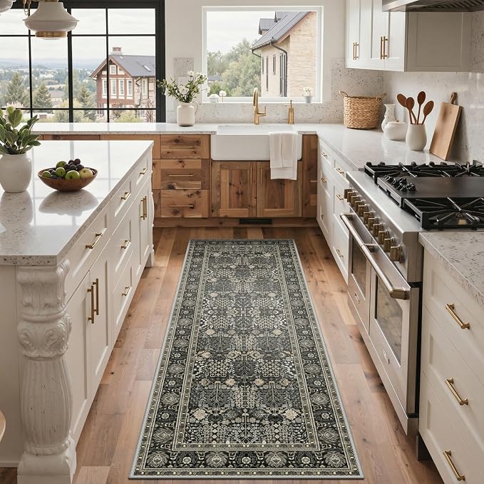 2.5x6 Kitchen Runner Rug, Washable Non Slip, Black | Vintage Floral Design, Spill Resistant Lightweight Low Pile Carpet for Hallway, Bedroom, Laundry Room, Bathroom