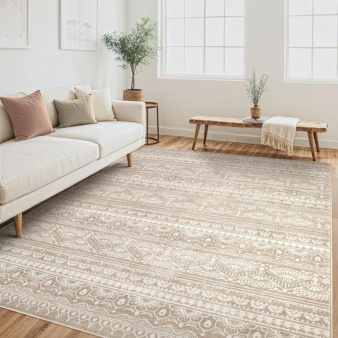 Tortania Area Rug Living Room Rugs - 6x9 Washable Large Soft Neutral Boho Moroccan Bohemian Farmhouse Rug Indoor Floor Carpet for Bedroom Under Dining Table Home Office Decor - Light Brown