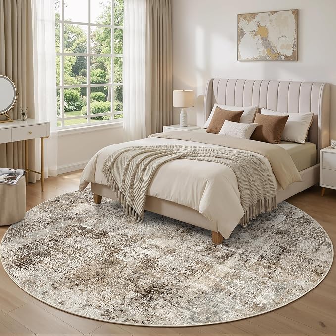 8Ft Round Area Rug Washable Abstract Rugs for Living Room Dark Brown | for Bedroom, Dining Room, Office, Nursery, Soft Neutral, Low Pile Non-Slip, Kid Pet Friendly, Large Indoor Carpet, Home Decor
