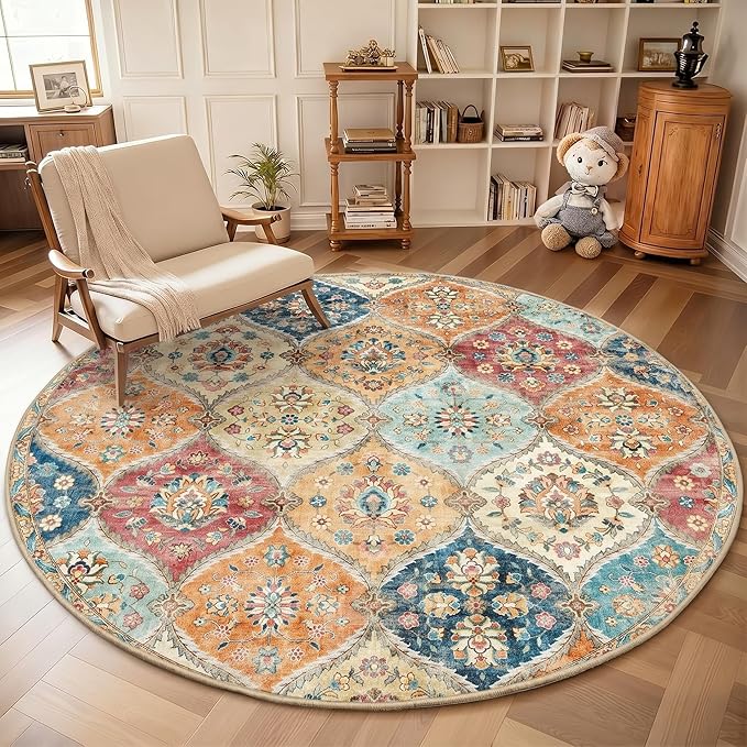 ROYHOME Washable Round Rug 4ft Moroccan Trellis Washable Area Rug, Stain Resistant Non-Slip Circle Rug Vintage Distressed Round Throw Carpet for Living Room Bedroom Kids Room Playroom, Blue/Yellow