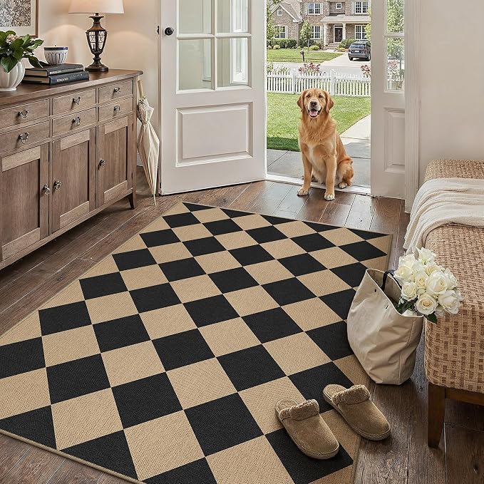 PureCozy 4x6 Checkered Easy Jute Area Rug for Living Room Checkerboard Washable Indoor Outdoor Carpet Farmhouse Patio Office Mat Geometric Non Slip Black Carpet for Dorm Backyard Dining Room
