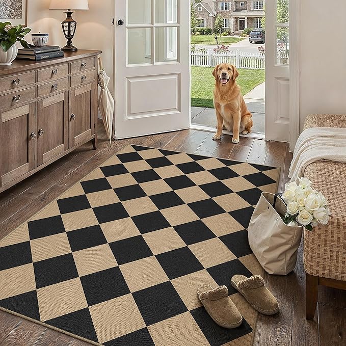 PureCozy 3x5 Checkered Easy Jute Outdoor Patio Rug Washable Area Rugs for Living Room Entryway Diamond Indoor Outdoor Mat Farmhouse Neutral Non Slip Black Door Carpet for Backyard Bedroom