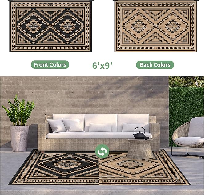 GENIMO Outdoor Rug for Patio Clearance - 6x9 ft Waterproof Plastic Camping Rugs, Reversible Outside Rv Mat Carpet for Porch, Deck, Picnic, Balcony, Beach, Backyard, Black Brown