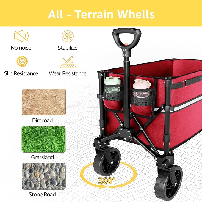 ROSONG Collapsible Wagon Cart with Wheels Foldable - Folding Utility Heavy Duty Wagons Carts for Grocery Sports Garden Shopping Camping Wheelbarrows, Burgundy