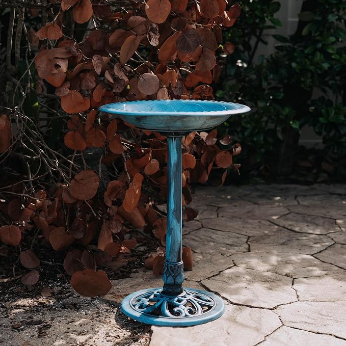 Backyard Expressions Outdoor Garden Bird Bath - Blue - Weather Resistant Polyresin - 27 Inch