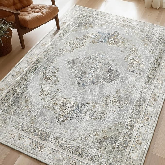 Phantoscope Washable Area Rug 8'x10' Non-Slip, Vintage Neutral Rugs for Living Room, Bedroom, Dining Room, Distressed Boho Medallion Pattern, Low-Pile Foldable Floor Carpet, Silver Grey/Taupe