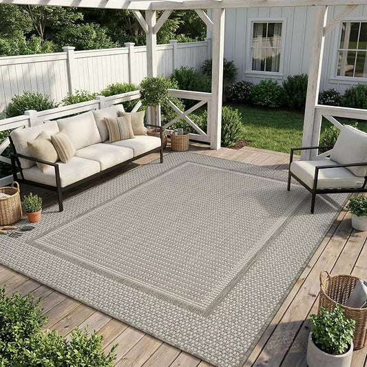 MontVoo-Outdoor Rug-Patio Rug 4x6 Polypropylene Indoor Outdoor Rugs Outdoor Carpet for Patio Deck Balcony Porch, Textured Weave, Durable for High Traffic, Fade-Resistant, Modern Neutral Grey