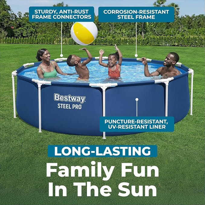Bestway Steel Pro 10' x 30" Above Ground Swimming Pool Set with Pump | Durable Round Metal Frame Outdoor Backyard Pool, Puncture-Resistant Liner - Type I Filter Cartridge Included, Blue
