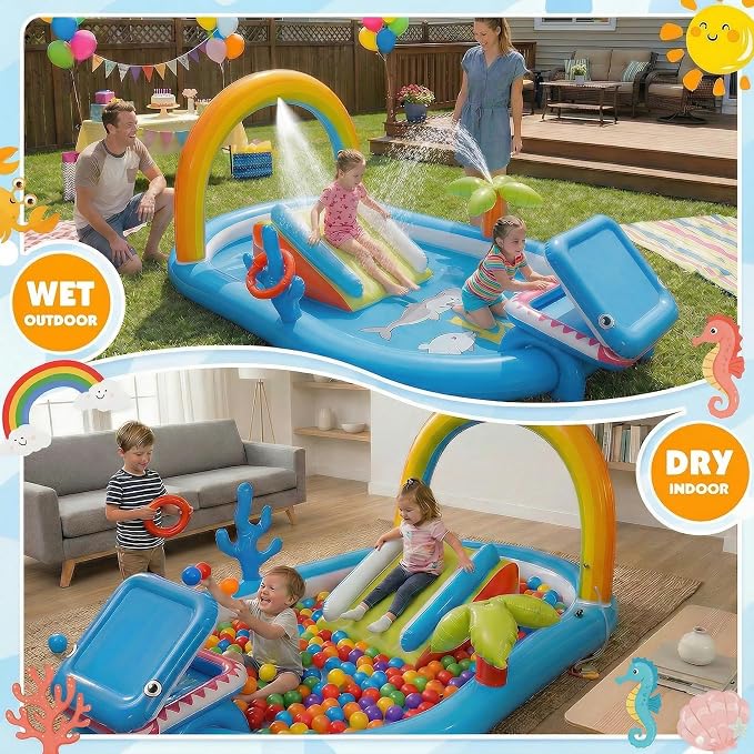 Inflatable Kiddie Pool with Slide, Water Sprayer, Waterfall, 98 × 64 × 39in Kids Play Center Water Park for Summer Outdoor Splash, Backyard and Garden (Rainbow Without Blower)