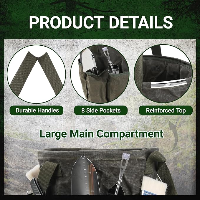 Heavy Duty Self-Standing Tool Bag with 8 Pockets, 8-Gallon Manually Collapsible for Garden/Camping/Car Trunk Storage | ArmyGreen