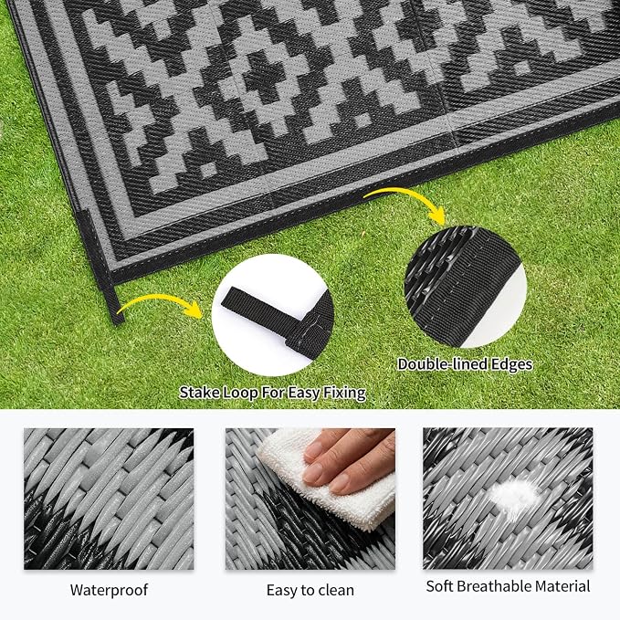 Outdoor Patio Plastic Straw Rug - 6x9 ft Outdoor Camping Rug Waterproof Reversible, Area Carpet Patios RV, Outside Porch Balcony Deck for Camper, Stripe Black Grey