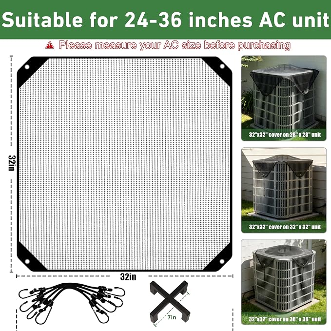 Air Conditioner Covers for Outside, Mesh AC Covers for Outdoor Units, Universal Air Conditioning Cover，One 32in AC Cover and One Support