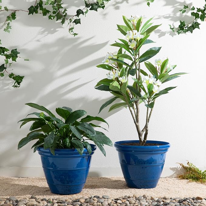Glitzhome 15.5" D Large Flower Pots, Set of 2 Large Planters for Outdoor Plants with Drainage Holes, Cobalt Blue Faux Ceramic Finish, Plastic Tall Flower Pots for Garden, Patio, Porch or Indoor Use