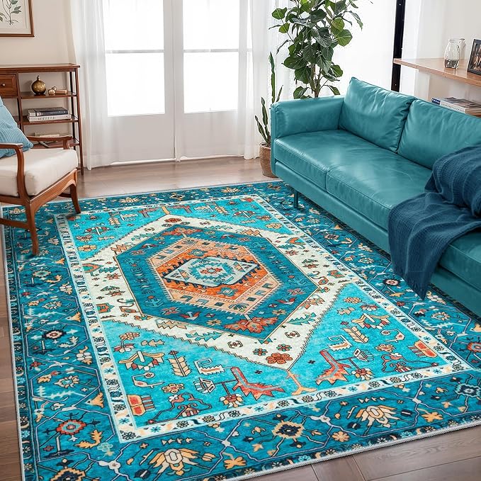 SERISSA 5x7 Washable Non Slip Boho Area Rug for Living Room，Blue | Ultra Soft Vintage Oriental Carpet Low-Pile Distressed Tribal Throw Carpet for Bedroom Dining Room Dorm Office Home Decor