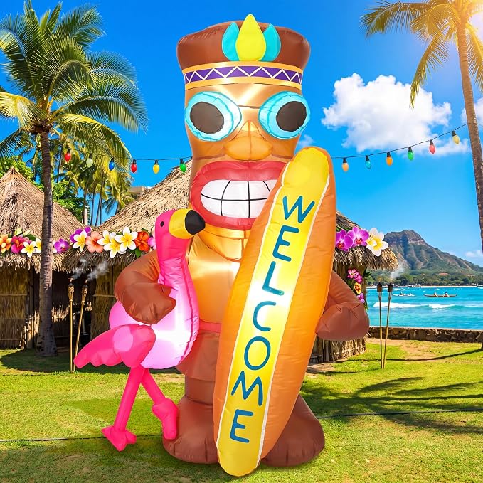 Shappy 5 FT Inflatable Tiki Flamingo Outdoor Decoration with LED Lights | Hawaiian Luau Party Decor, Tropical Tiki Totem Blow Up for Summer Beach Party, Outdoor Yard Lawn Garden Decoration