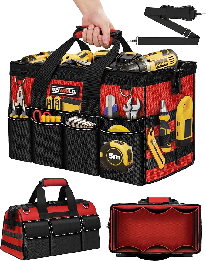 16-Inch Heavy Duty Tool Bag, 19-Pockets Tool Box Organizer, Portable Toolbag W/Soft Handle for Organized Storage, Mechanic Gifts for Men Dad Husband Fathers Day, Wide Mouth Electrician Toolbox, Red