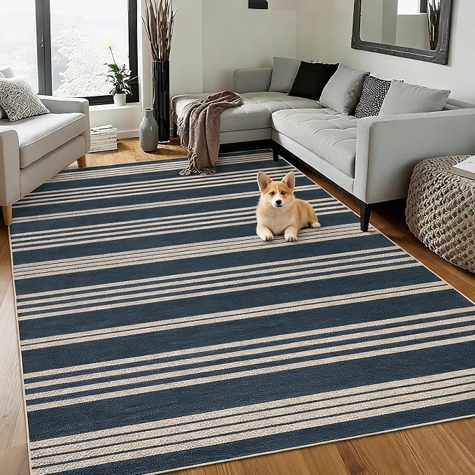 Garvee 5x7 Area Rugs Easy Jute Washable Rugs Living Room, Navy | Modern Line Print Area Rug Stain Resistant Easy Cleaning Throw Rugs Non Shedding Low Pile Floor Cover for Nursery Dining Room
