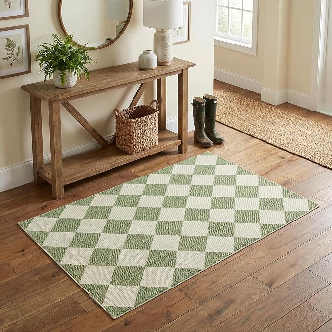 GarveeHome 3x5 Checkered Area Rug Non Slip Washable Entryway Bedroom Rug | Modern Geometric Plaid Sage Green Carpet Classic Throw Mat for Kitchen Bedside Kids Room Office Dining Room