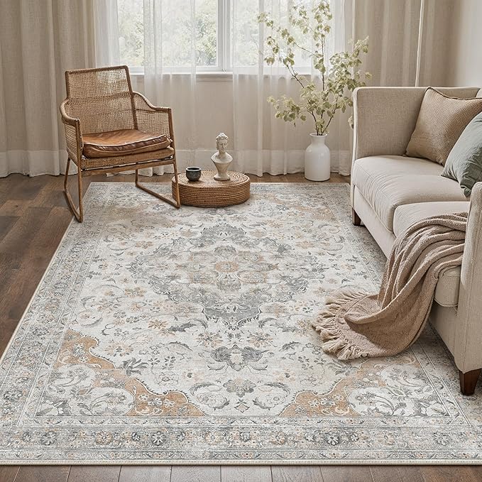 Taupe Area Rug 3x5 Entryway Vintage Floral Non-Slip Carpet | Machine Washable, Soft, Low Pile, for Bedroom, Dining Room, Kids Room, Nursery, Office, Retro Neutral Decor