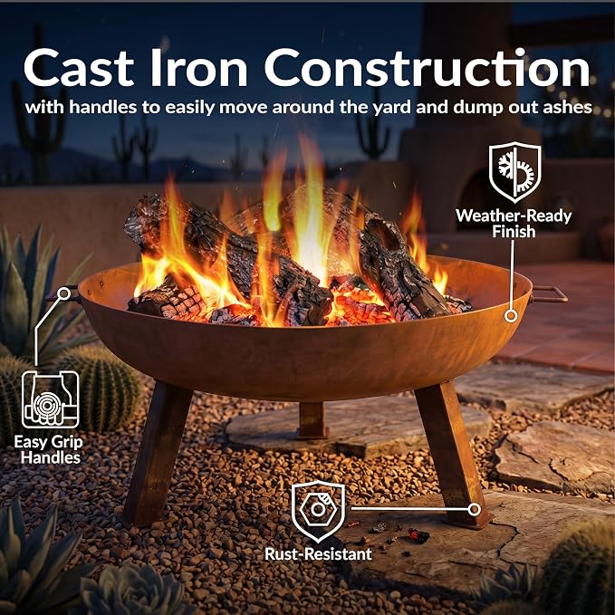 Sunnydaze Cast Iron Heavy Duty Fire Pit for Outside - Wood Burning Outdoor Fire Pit Bowl with Handles for Patio, Backyard, Camping - 30" - Rust