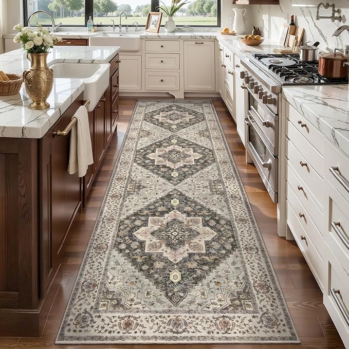 Tangsoo 3x8 Washable Runner Rugs for Hallway, Farmhouse Runner Rug Non Slip | Vintage Soft Low Pile Rug Runner, Boho Oriental Indoor 8ft Carpet Runners for Kitchen Bedroom Entryway Living Room Grey Decor