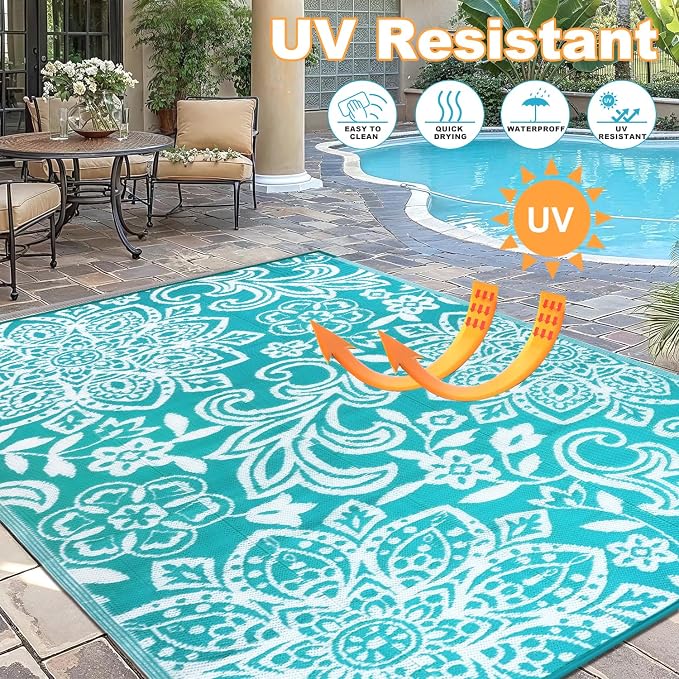 Findosom Waterproof Outdoor Rug 5' x 8' - Reversible Mandala Outdoor Plastic Straw Rug, Durable Foldable Patio Rug for RV, Deck, Balcony, Backyard, Picnic, Porch, Camping, Beach, Blue