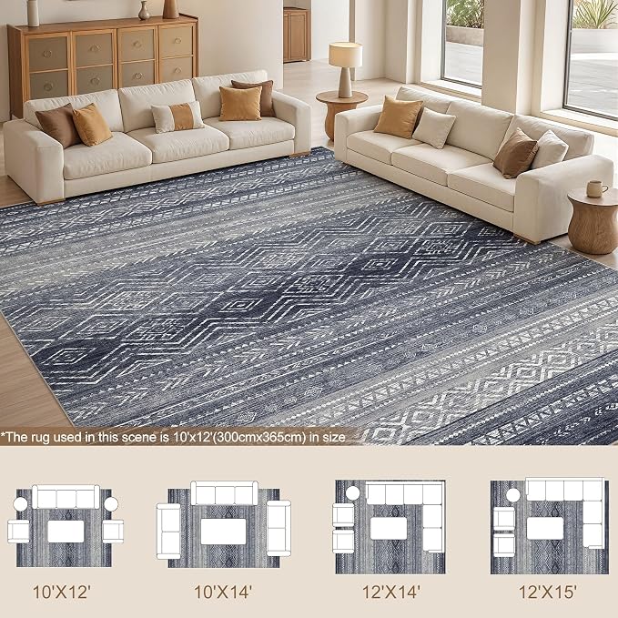 Tortania Area Rug Living Room Rugs- 12x15 Washable Large Soft Neutral Boho Moroccan Bohemian Farmhouse Rug Indoor Floor Carpet for Bedroom Under Dining Table Home Office Decor - Blue Gray