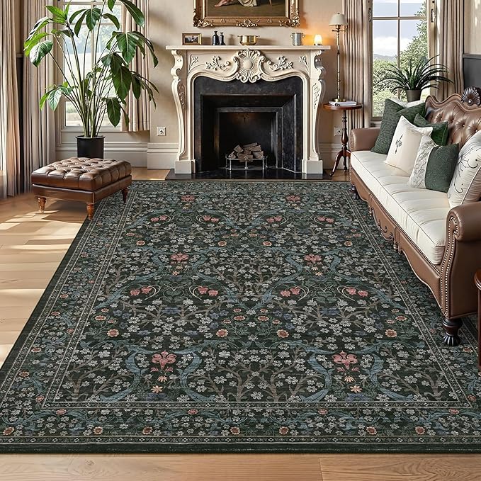 GarveeHome Dark Black Floral 8x10 Washable Area Rug Living Room Bedroom | Vintage Stain Resistant Rugs for Large Room Low-Pile Non-Slip Carpet Soft Stain Resistant Botanical Boho Rug TPE Backing