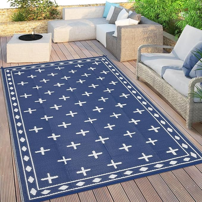 Outdoor Patio Rug 9x18 Waterproof Outside Area Rugs Modern Reversible Plastic Straw Carpet for RV Deck Camping Entryance Porch Picnic Balcony Beach，Navy/Blue