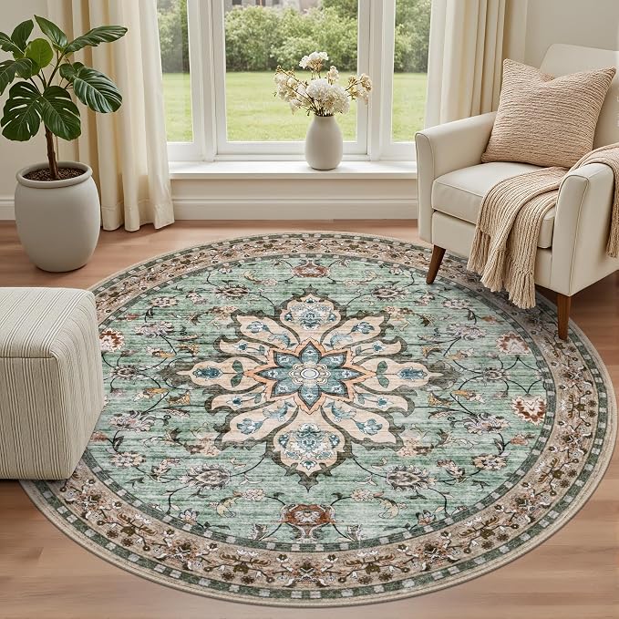 Round Area Rug for Living Room: 4ft Boho Washable Rug Brown Green | Vintage Boho Soft Round Rug Indoor Floor No Slip Carpet Stain Resistant Rugs for Bedroom Dining Room Nursery Home Office