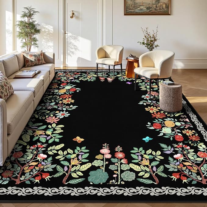 5x7 Area Rugs, Ultra-Thin Soft Rugs for Bedroom, Indoor Non-Slip Washable Rug for Living Room, Dining Room, Low Pile Home Decor Floral Rug(Black)