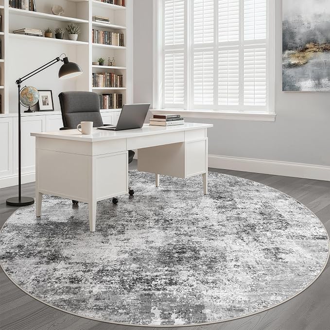 LOONGRUG Round Rug 8x8 Washable Neutral Modern Living Room Rug Black Gray | Circle Large Abstract Soft Stain Resistant Indoor Non-Slip Carpet for Bedroom Nursery Kids Office Playroom Dining Room