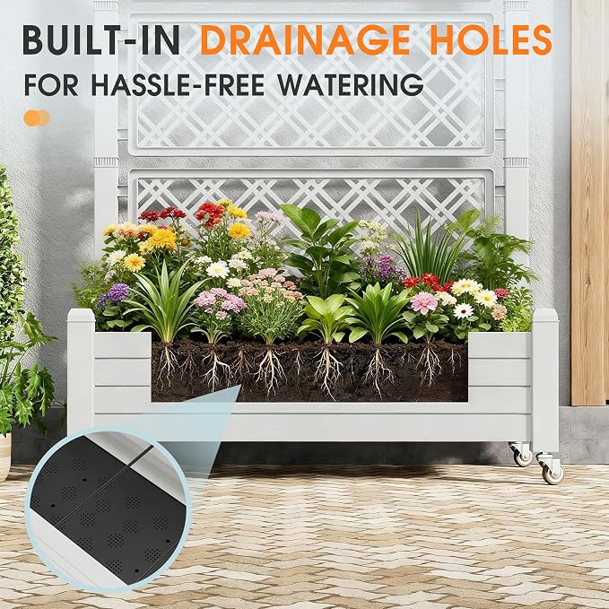 Elevated Raised Garden Bed with Wheels,Ashen-61.2" h | Planter Box with Trellis Outdoor, Raised Planter with Trellis with Drainage Holes & Water Monitor for Climbing Plants