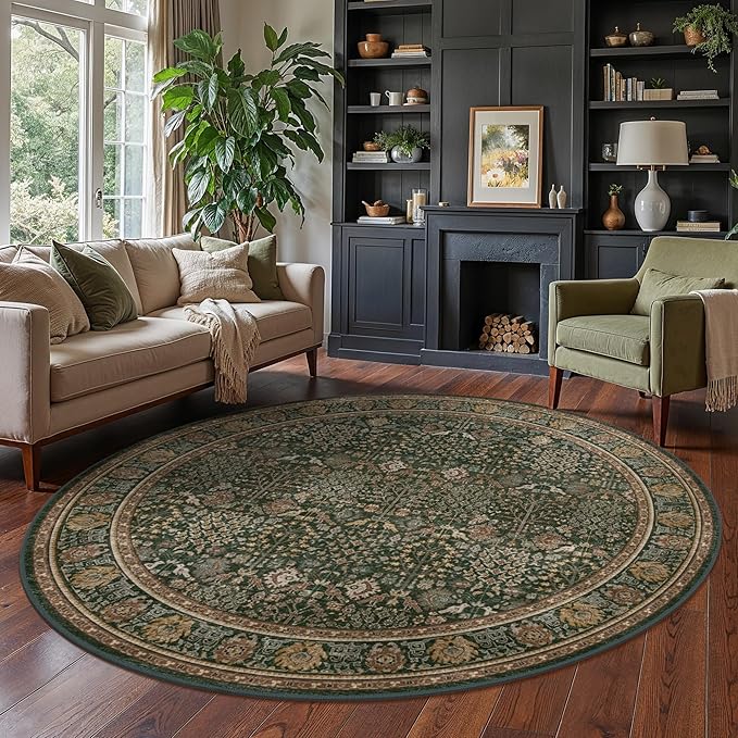 8ft Round Area Rug 8x8, Washable Non Slip, Dark Green Brown | Vintage Floral, Spill Resistant, Lightweight Low Pile Non-Shedding Carpet for Bedroom, Nursery and Dining Room
