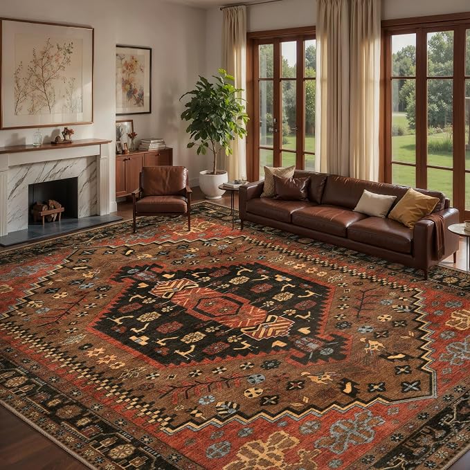 Ciicool Large 9x12 Area Rugs for Living Room,Washable Boho Throw Carpet | Oriental Low-Pile Soft Vintage Non-Slip Indoor Mat for Kitchen Bedroom Bedside Laundry Bathroom Dining Room Foyer Decor
