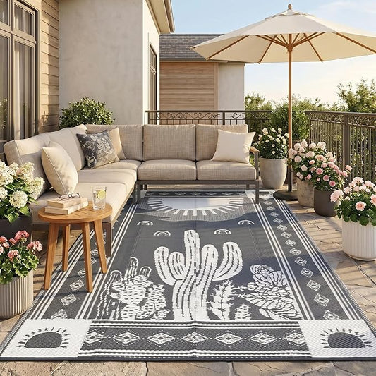 Garvee Waterproof Outdoor Rug 5x8, Cactus Botanical Outdoor Plastic Straw Rug for Camping, Reversible RV Mat Outside, Indoor Outdoor Carpet for Porch, Deck, Backyard, Balcony, Picnic, Grey