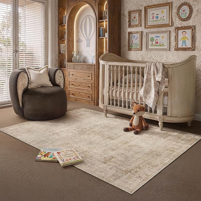 3x5 Beige Vintage Area Rug | Washable, Non Slip, Soft Low Pile, Neutral Farmhouse, for Entryway Kitchen Bathroom Living Room Bedroom Indoor Home Decor