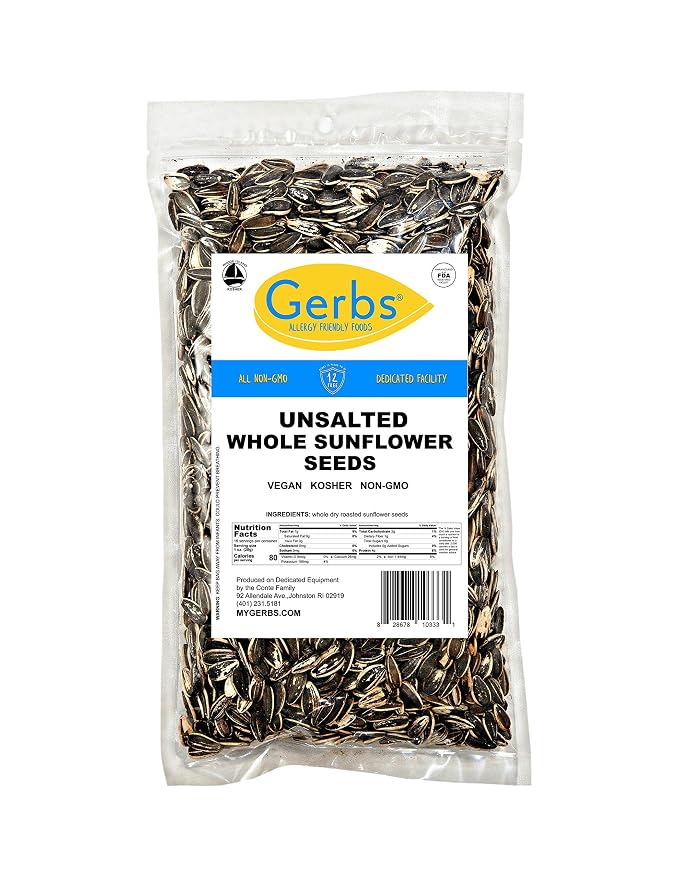 Gerbs Roasted Unsalted Whole Sunflower Seeds 1 lb. | Small Batch, No Artificial Additives, Resealable Bag | Crack-and-Eat Crunchy Snack | Top 14 Allergen-Free