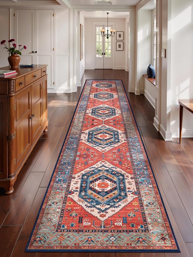 SERISSA 2'6"x14' Washable Non Slip Boho Runner Rug for Hallway，Rust | Ultra Soft Vintage Oriental Carpet Low-Pile Tribal Floor Carpet for Kitchen Bedroom Entryway Bathroom Laundry Room