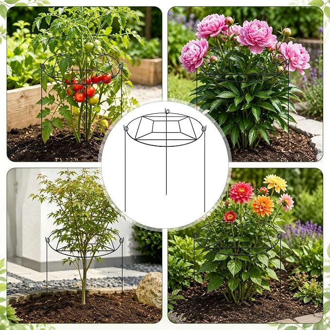 8 Pack Peony Cages and Supports with 100 Cable Ties and a Pair of Scissors, 12" D x 16" H Heavy Duty Metal Plant Support Rings with 3 Legs, Rustproof Garden Support Hoops for Peony, Hydrangea, Tomato