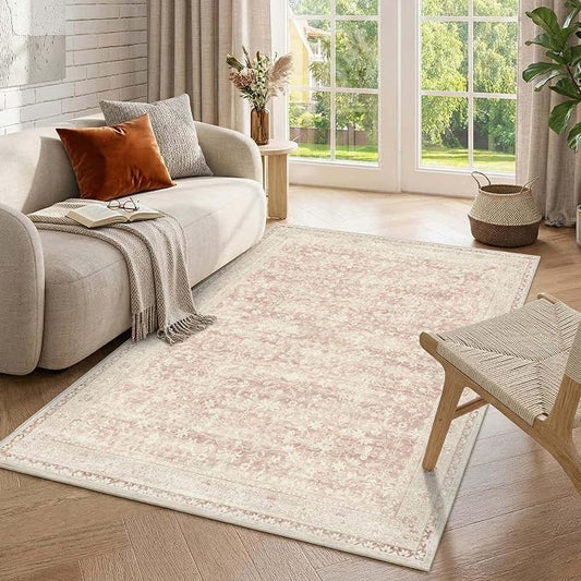 Latte&Fog Pink Rugs for Girls Bedroom, Vintage Washable 4x6 Area Rug | for Living Room Dining Kitchen Kids Playroom Nursery Classroom Dorm Farmhouse Office, Non Slip Low Pile Soft Floral Carpet