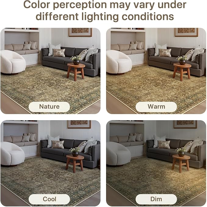 2x7 Kitchen Runner Rug, Washable Non Slip, Brown Olive | Vintage Floral Design, Spill Resistant Lightweight Low Pile Carpet for Hallway, Bedroom, Laundry Room, Bathroom