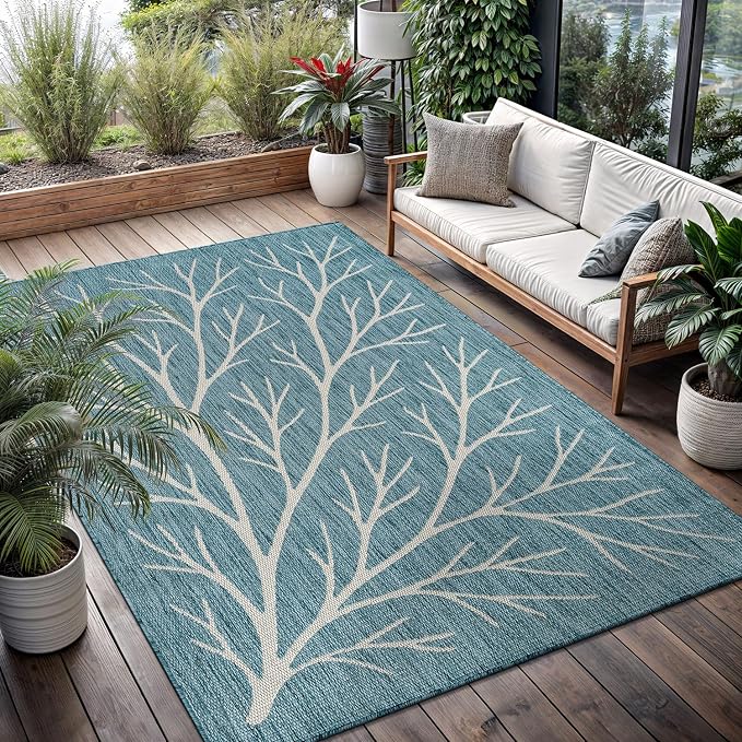 Washable Indoor Outdoor Rug 9x12 Modern Area Rugs Branch Pattern Non Shedding Waterproof Easy Clean Patio Deck Porch Living Room Bedroom Garden RV (9 X 12 Aqua)
