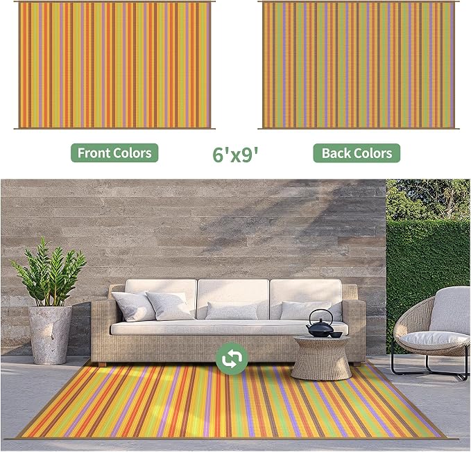 GENIMO Outdoor Rug for Patio Clearance, 6'x9' Reversible Plastic Straw Rugs, Lightweight Waterproof RV Camping Mat for Camper, Balcony, Deck, Backyard, Picnic, Rainbow
