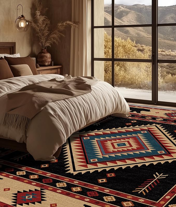 Southwest Rug 4x6 - Native American Bear Cabin Area Rugs for Bedroom Living Room, Rustic Ethic Machine Washable | Non-Slip | Low Pile Carpets, Western Home Decor (Red Tan Black)