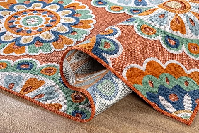 Outdoor Rug 6x9 Washable Area Rugs Indoor Outdoor Carpets Orange Bohemian Medallion Non Shedding Waterproof Easy Clean Patio Deck Porch Living Room Bedroom Garden RV (6 X 9 Orange)