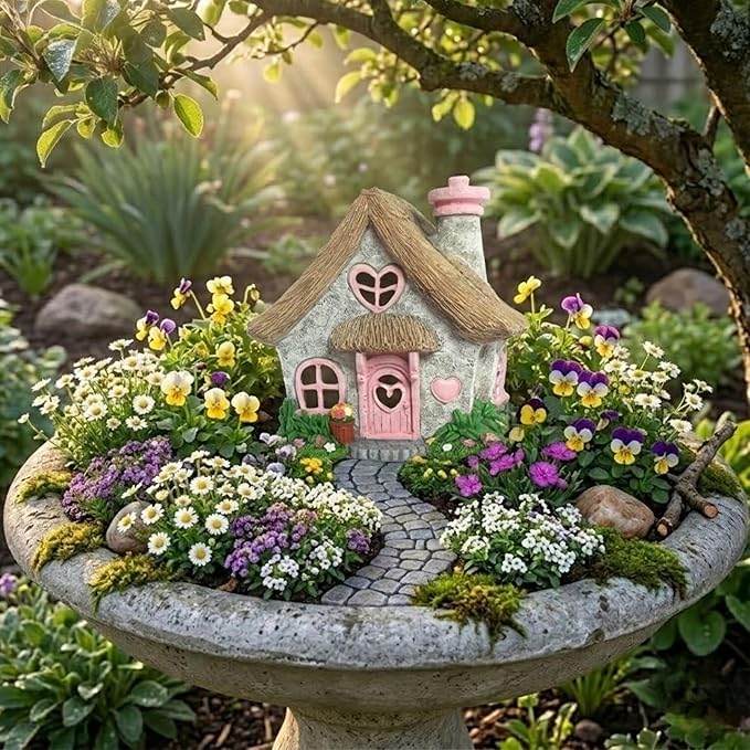 PRETMANNS Fairy House for Outside with Solar Powered LED Lights for Garden - Fairy Garden Houses for Outdoor - Miniature Accessories for Cottage Decor for Village - 7.56” High, Pink
