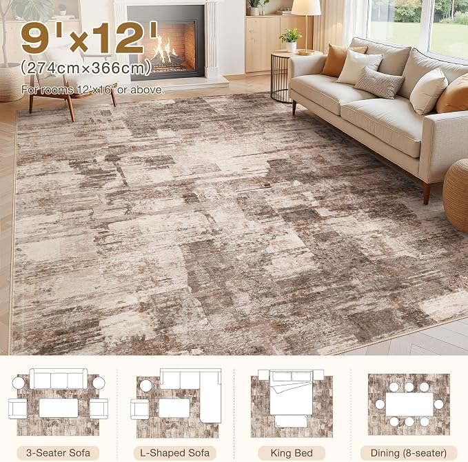 kakania Abstract 9x12 Area Rugs for Living Room: Washable Rugs Brown | Soft, Non-Slip, Low-Pile, Pet & Kid Friendly - Large Modern Home Decor Carpet for Bedroom/Dining Room/Office/Nursery