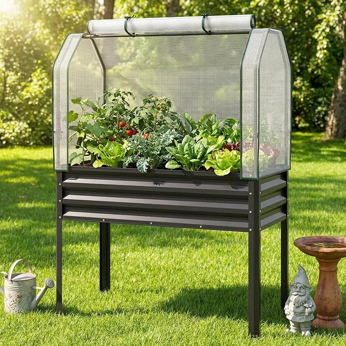 Giantex Raised Garden Bed with Legs & Greenhouse Cover, 44x22x60 Elevated Metal Planter Box with Roll-up Door, Outdoor Mini Greenhouse for Vegetable Flower Herb Patio Balcony (Black,1)